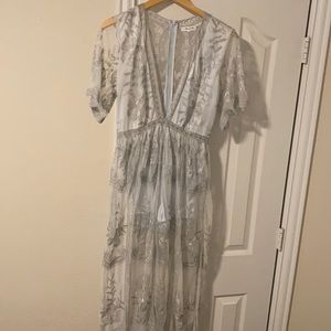 White/silver Lace Romper Maxi